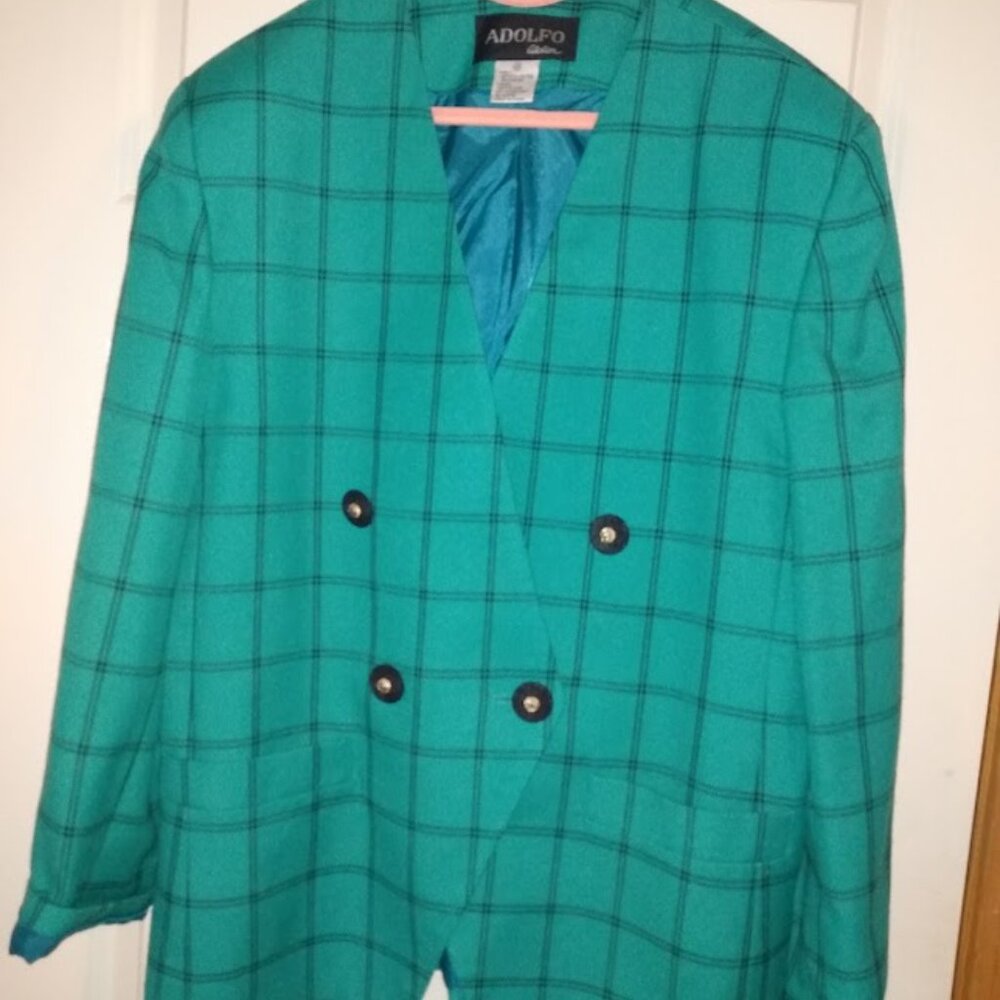 Adolfo Atelier: Green/black blazer/jacket lined button closure.